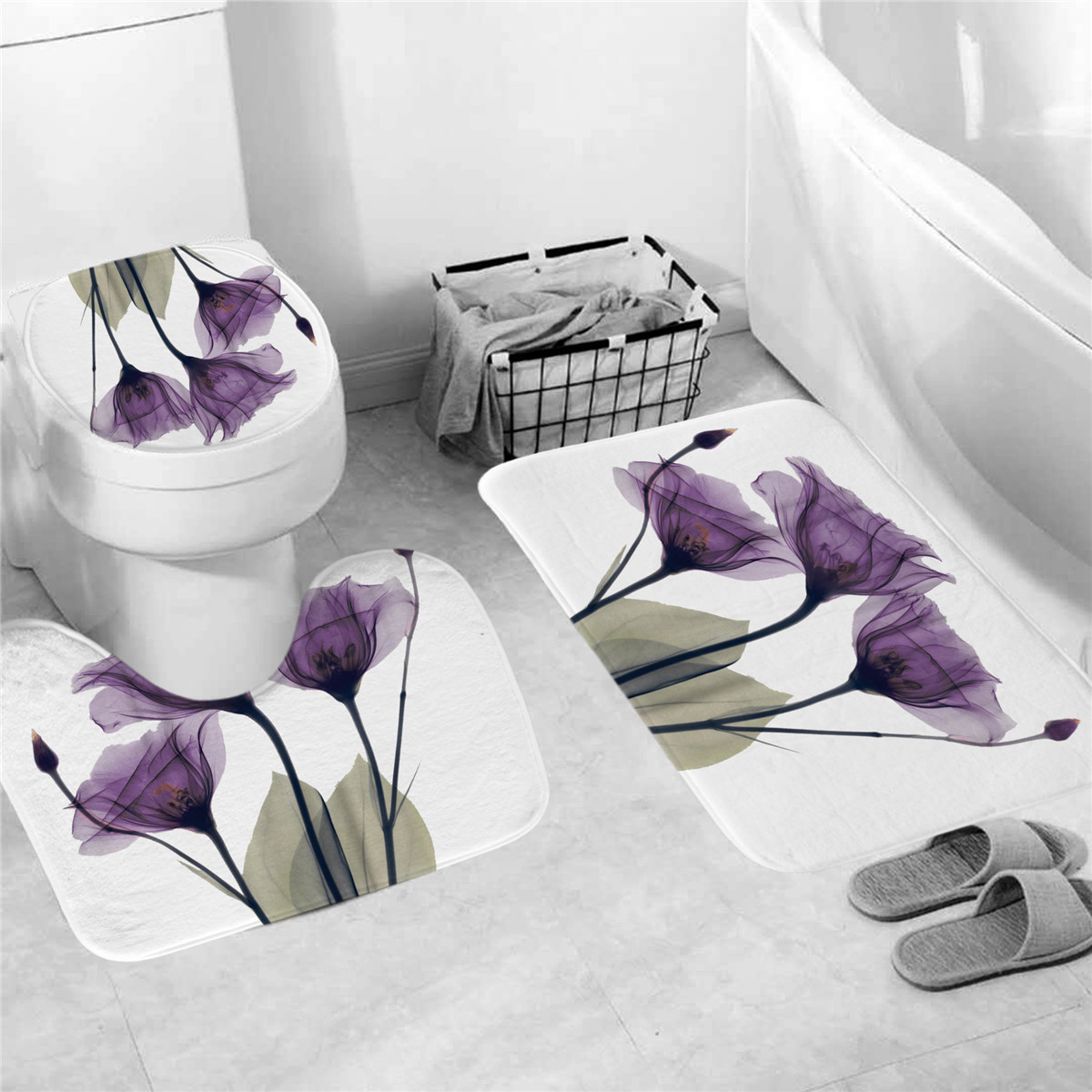 4PCS Flannel Surface Bathroom Mats Shower Curtain Non-Slip Rug Lid Toilet Cover Bath Mat Set Purple Flowers Print Decor Home T200711
