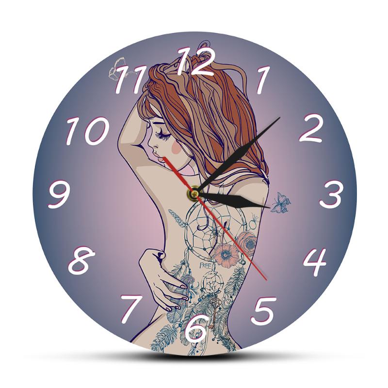 

Young Beautiful Woman With Tattoo Wall Clock Sexy Perfect Body Tattoos Tatted Back Silent Quartz Wall Clock Tattoo Studio Sign