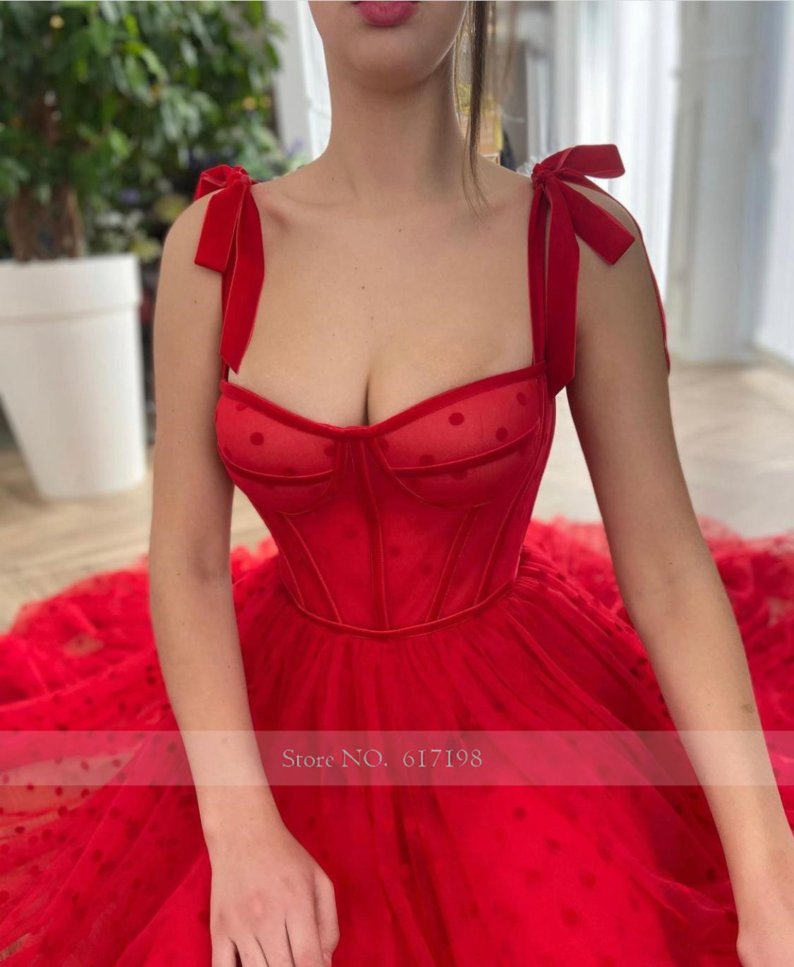 Sweetheart Bow Straps Zipper Pleats Tea Length Red Prom Dress A-Line Tulle Evening Dress
