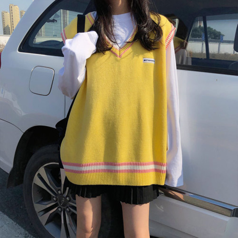 4 colors autumn and winter preppy style v neck color pathwork knitted sleevelesvest sweaters womens pullovers womens (X997) 201023