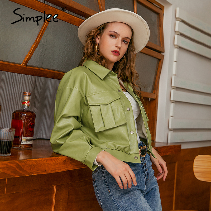 Simplee Casual faux leather jacket women Fashion green motorcycle pocket female leather coat High street short ladies jackets 201023