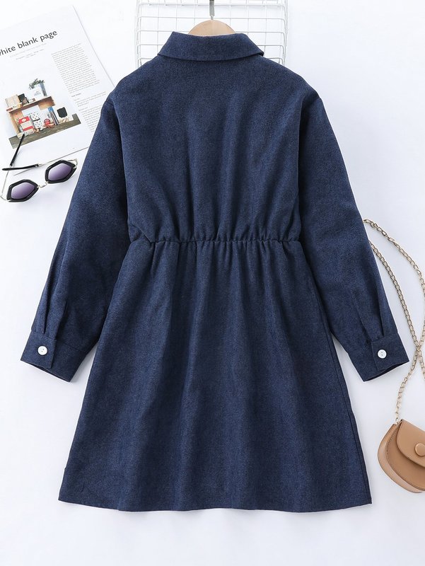 Girls Flap Pocket Corduroy Shirt Dress SHE01