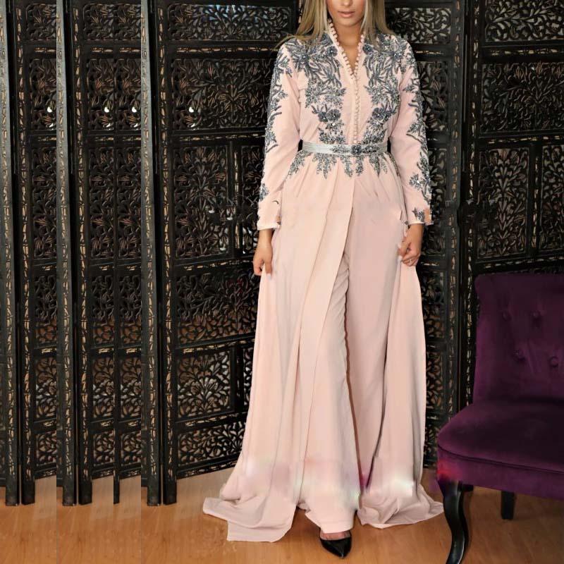 Pink Dubai Abaya Kaftan Dresses Grey Appliques Beaded Chiffon Pants Evening Dress Muslim Outfit Formal Wear