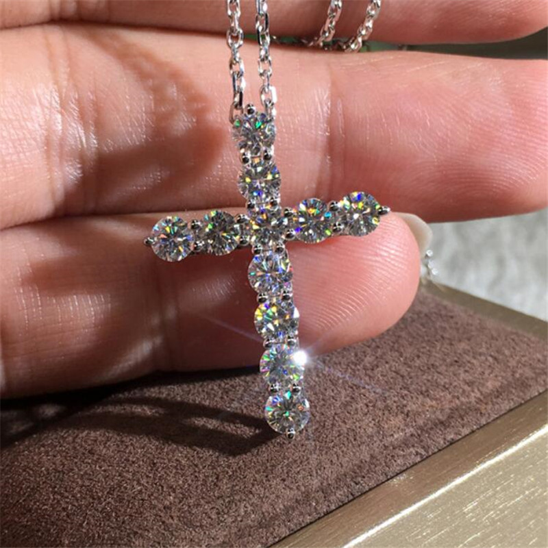 Brand New Jewelry Sterling Sier Full Round Cut White Topaz CZ Dia Cross Pendant Party Popular Women Clavicle Necklace Gift