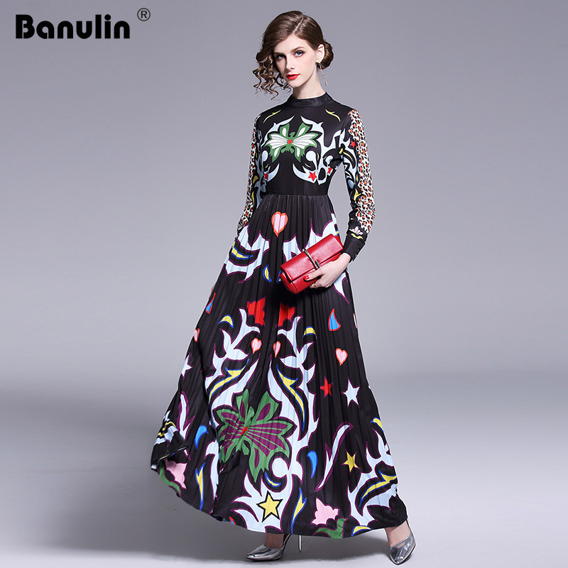 Banulin Runway Long Maxi Dress Women High Quality Charming Floral Long Sleeve Patchwork Elegant Vintage Floor Length Dress T200320
