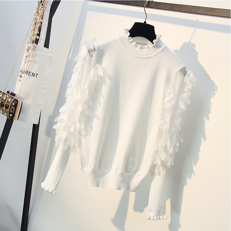 HLBCBG Ruffled Collar Knitted Women Sweater Spring Autumn Loose Jumper Fashion Flowers Sleeves Sweater and Pullover Femme Pull 201023