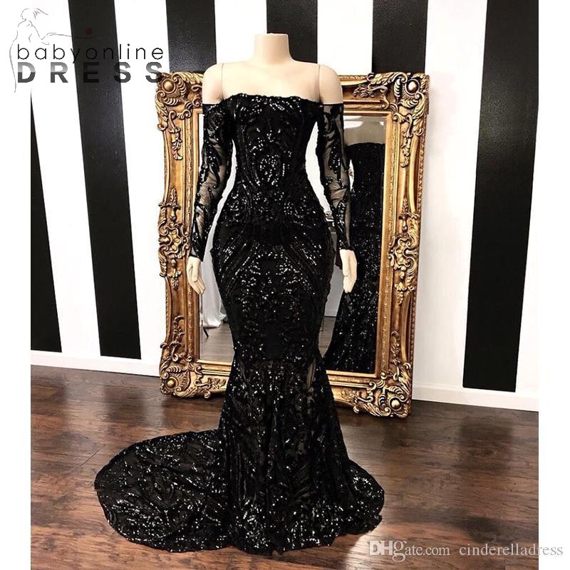 Gorgous Black Sequined Lace Prom Dresses Modest Long Sleeve Mermaid Off Shoulder Sweep Train Formal Evening party Gowns BC1422
Gorgous Black Sequined Lace Prom Dresses Modest Long Sleeve Mermaid Off Shoulder Sweep Train Formal Evening party Gowns BC1422