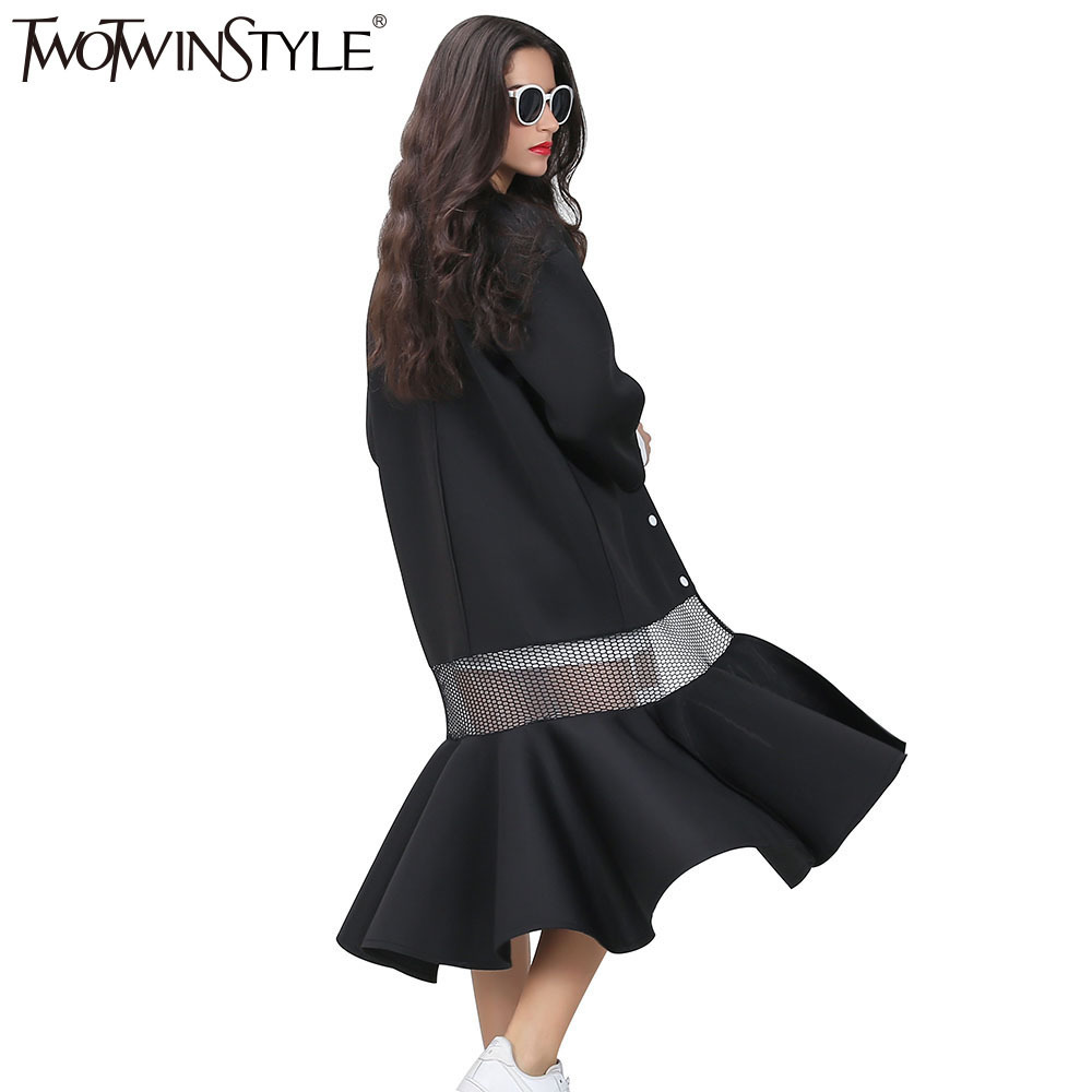 TWOTWINSTYLE Streetwear Long Trench Coat For Women Windbreaker Autumn Vneck Fishtail Hem Seethrough Grid Fashion 201030