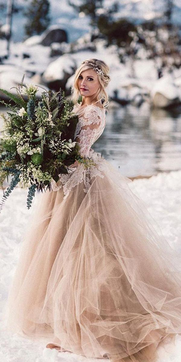 Champagne Lace Beach Wedding Dresses with Long Sleeves Tulle Backless Fairy Tale Bride Gowns Vestido De Noiva