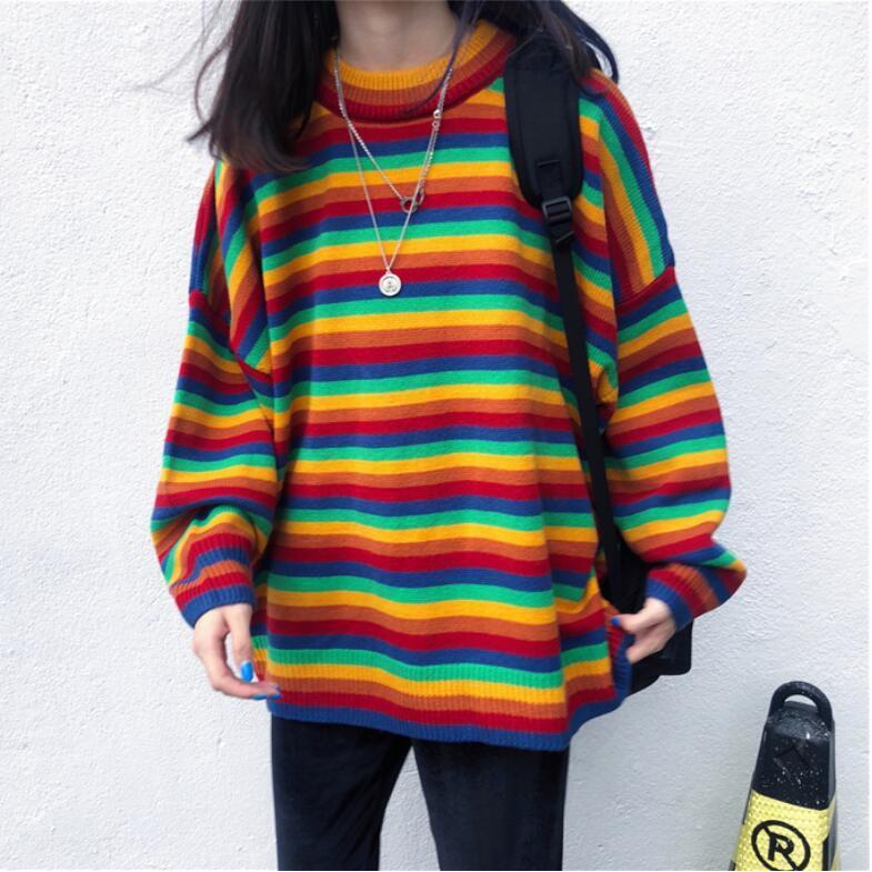 Colorful striped sweater women's autumn and winter loose round neck thick knit top 201023