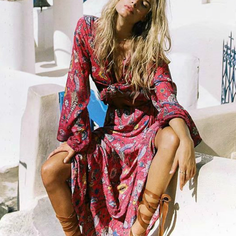 Vintage chic hippie women rayon cotton beach floral peacock print bohemian blouse shirt ladies flare sleeve loose Boho shirts T200321