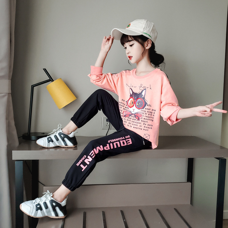 13 14 Year Cute Girl Pink Cartoon O-neck Clothes Suit 2020 New Autumn Fashion Sports Two Piece Sets Little Girl Boutique ClothesX1019