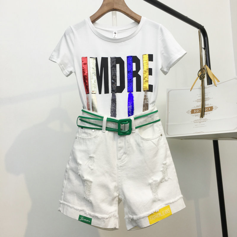 2020 Summer Cotton Womens Tracksuit Clothes Set 2 Piece Sequin Harajuku Letter Tops White Jeans Shorts Pants Outfit Suit 3XL T200603