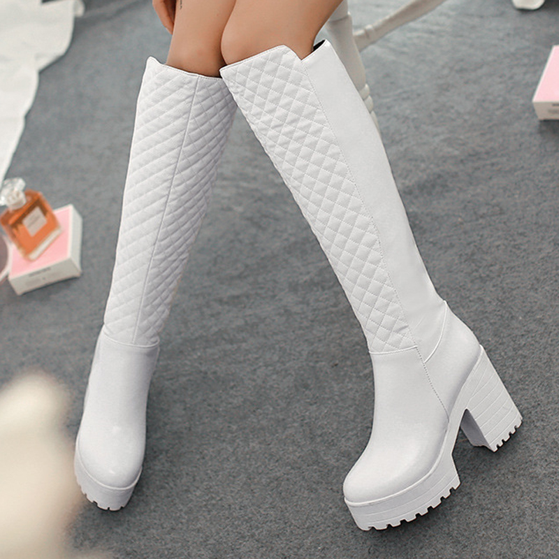 Women Fashion White Black Diamond Sewing Winter Autumn Knee High Boots Square Heels Long Platform Boots for Women 35-43 WSH3689