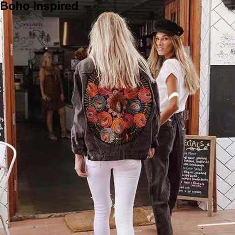 Colorful Floral Embroidered Denim Jacket Oversized Long Sleeve Fashion Woman Jacket Coat Multi Floral New Autumn Winter