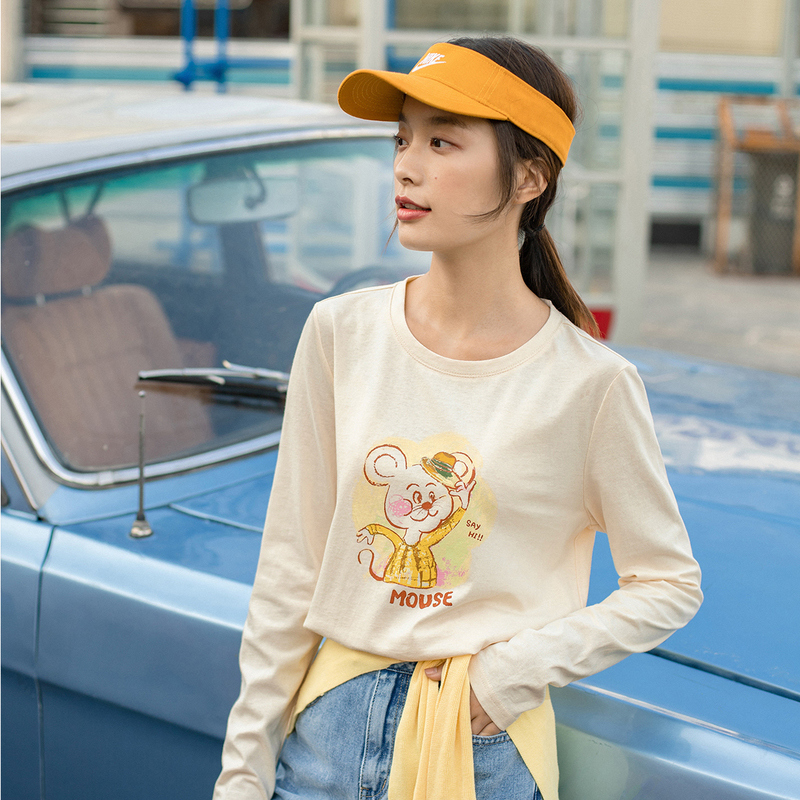 INMAN Autumn New Arrival Round Neck Cute Little Mouse Long Sleeve Concise Style Base Top T-shirt 201028