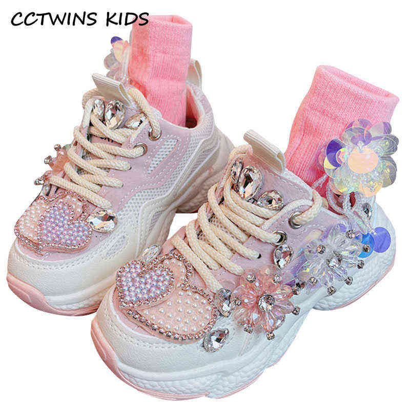 Kids Sneakers Girls Spring Fashion Casual Running Sports Trainers Breathable Children Pink Pearl with diamond Flats 220121