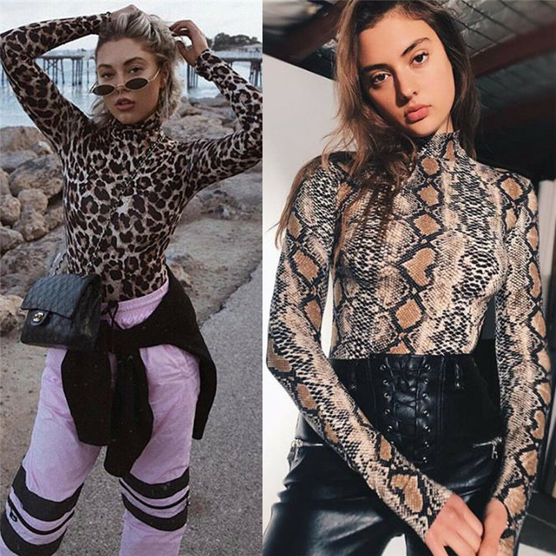 Hot Women Sexy Snake Skin Bodycon Bodysuit High Neck Coral Velvet Bandage Jumpsuit Romper Leopard Print Bodysuit Clubwear Tops T200527