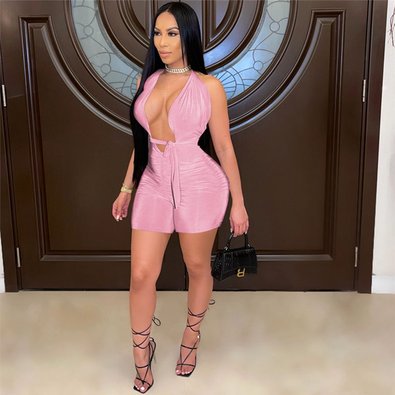 Wholesale Backless Jumpsuits Women Bodycon Romers Sexy V Neck Sleeveless Playsuits Casual Solid Overalls Club Wear Bulk 6972