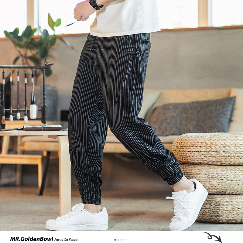 Sinicism Store Black White Striped Men Harem Pants New Fashion Man Casual Loose Pants Cotton Linen Male Trousers 5XL 201027