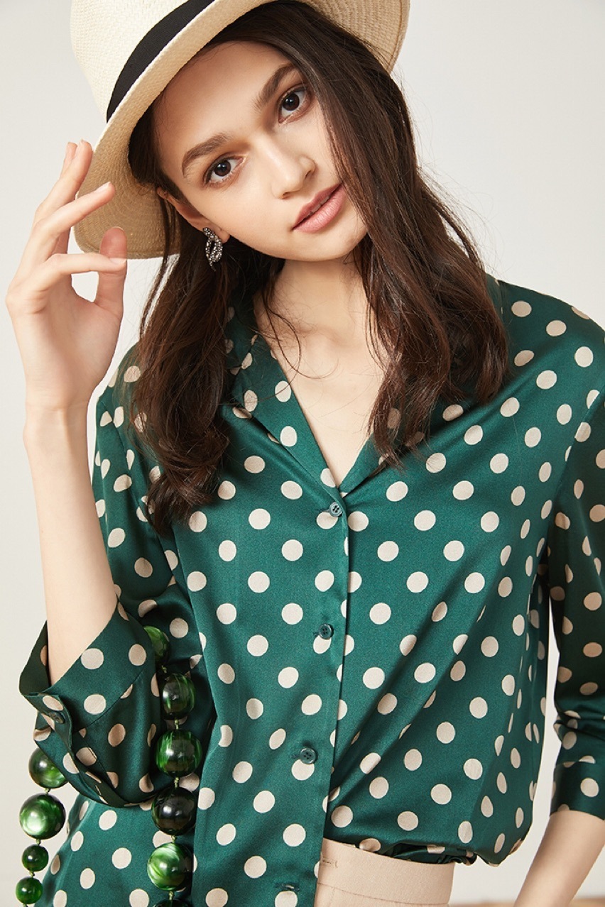 silky silk Silk Shirt Women Blouse Shirt Soft satin 34 sleeve silk shirt French classic retro green wave dots rich colors T200608