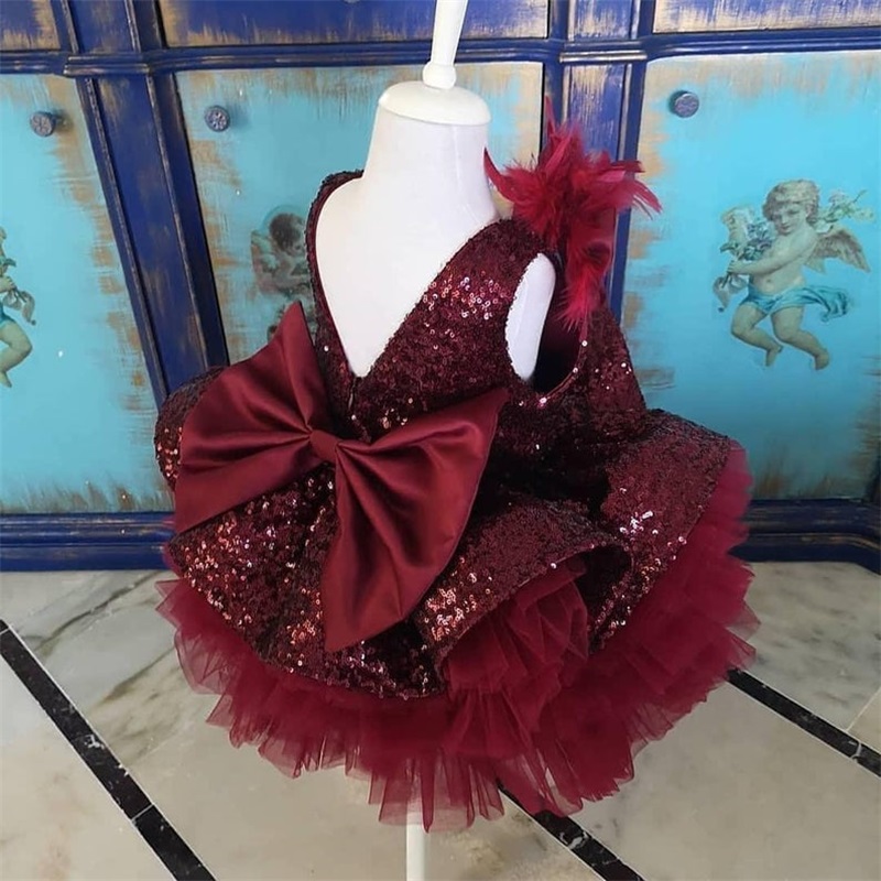 Red Bling Bling Flower Girls Dresses Sleeveless Tiered Sequins Feather Bow First Communion Dress Custom Made Sweep Train Kids Formal Wear