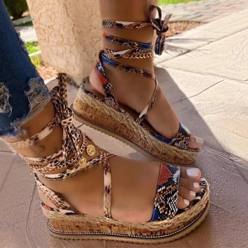 Women Sandals Summer Snake wedge shoes Ethnic Print Fashion Casual Lace Up Women Shoes Beach Ladies Plus Size shoes Sandals