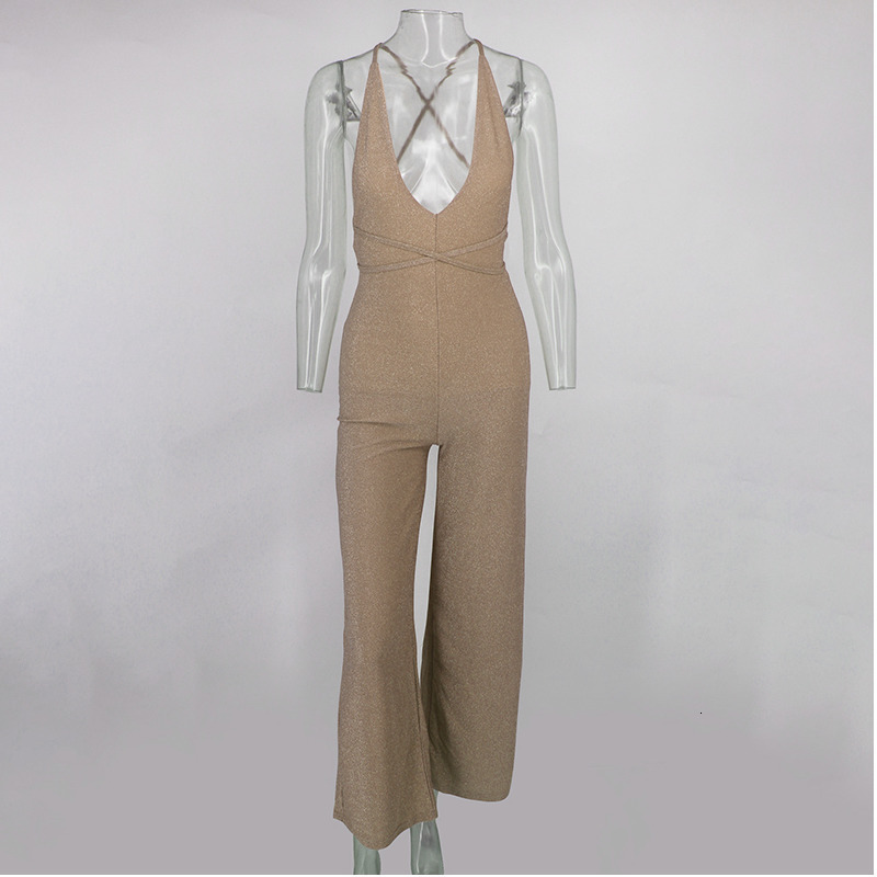 Fuedage Sexy Summer Women Jumpsuit Romper Bodycon Sparkle Glitter Hollow Out Deep V Neck Women Jumpsuit Solid Female Club Suits T200107