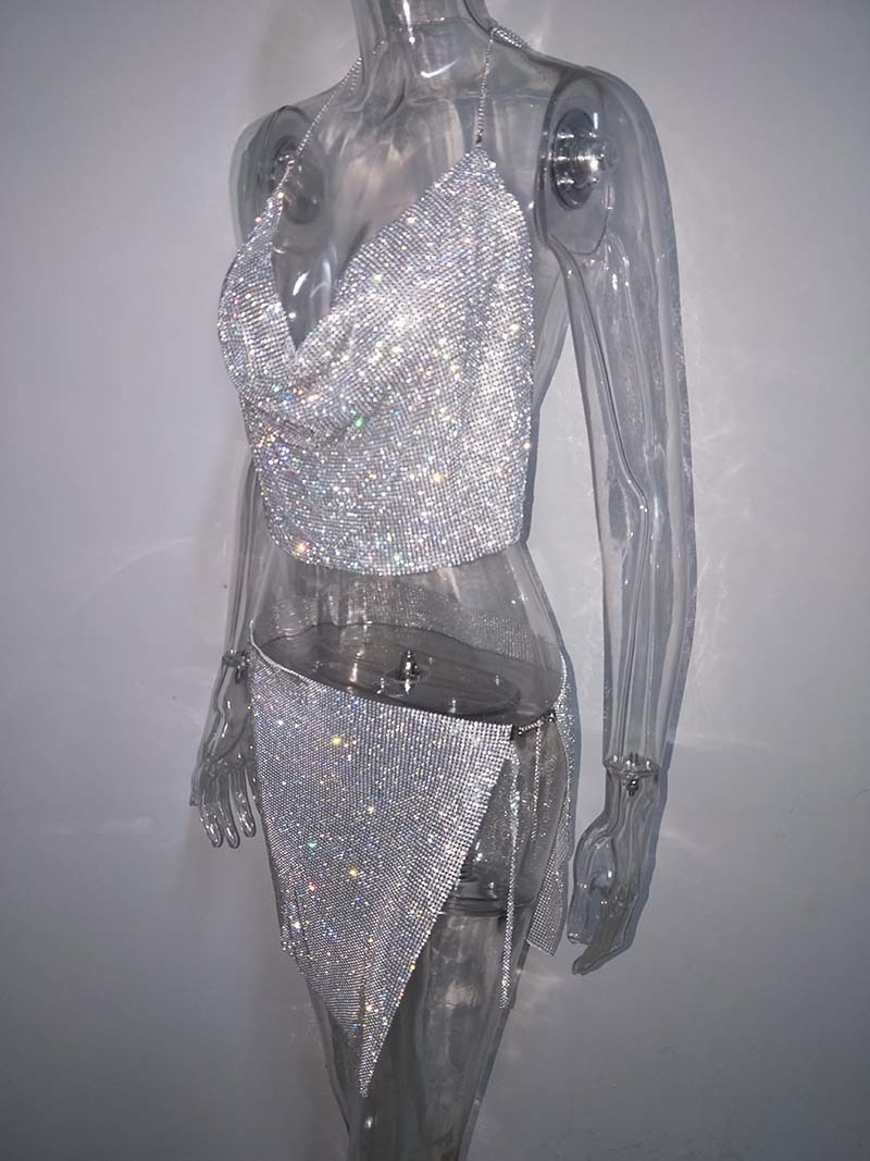 Bonnie Forest Seductive Crystal Diamonds Party Birthday Outfits Sexy Backless Glitter Rhinestone Two Piece Skirt Set Club Wear T200325
