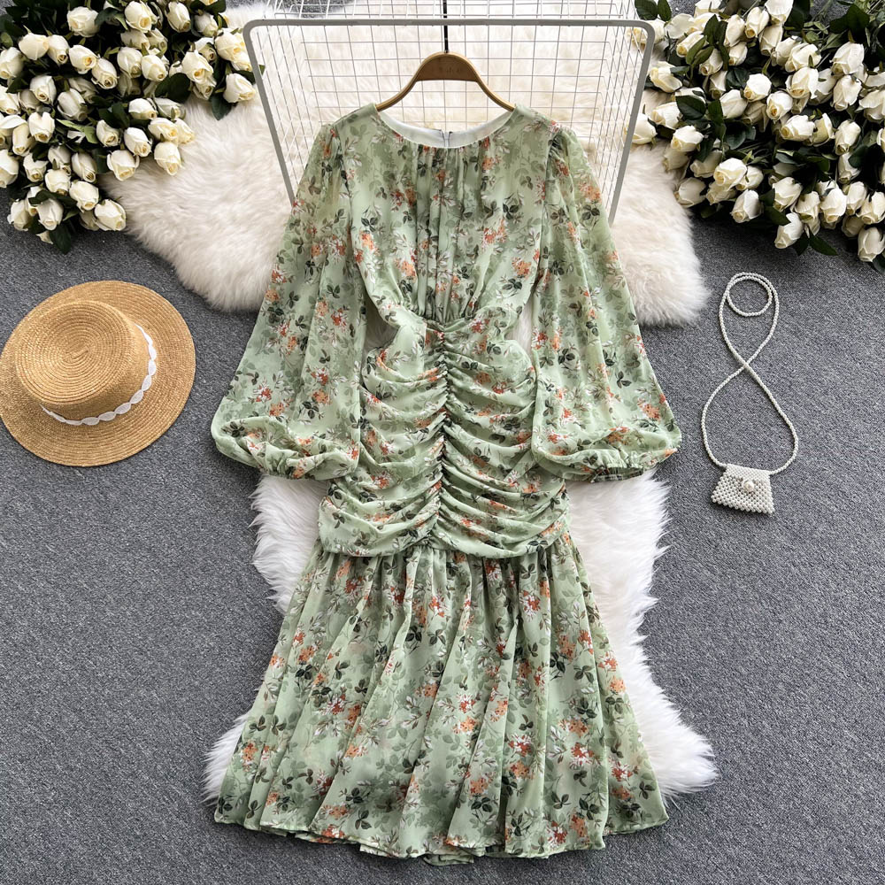 Bohemian Women Floral Chiffon Draped Long Dress Boho Vacation Beach Robe Female Puff Long Sleeve High Waist Party Vestidos New 2022