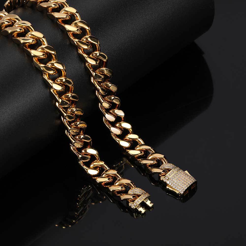 Stainless Steel Jewelry Hip Hop Necklace Micro Inlay Zircon Spring Buckle Four Sides Polished Cuban Chain Necklace