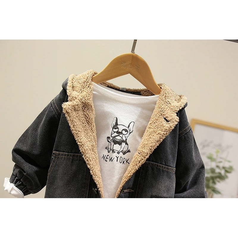 Baby Ocean Denim Jacket Winter New Children's Clothing Korean Boys Casual Denim Jacket Baby Plus Velvet Ambswool Coats 2-6Y 201126