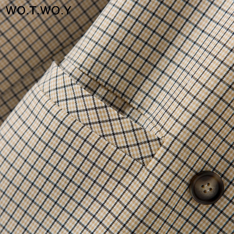WOTWOY Double Breasted Plaid Blazer Women Khaki Pocket Long Sleeve Office Ladies Blazer Autumn Jacket Female Outerwear Coats T200828