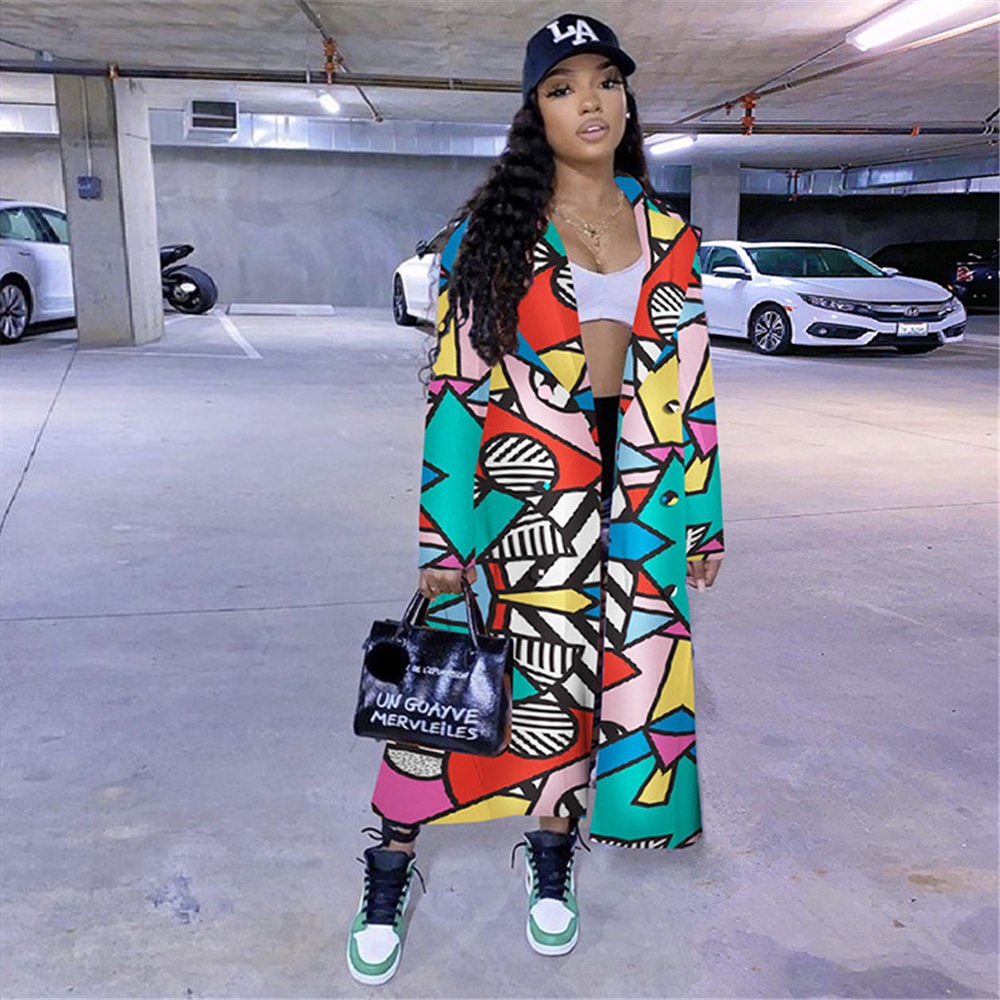 Tsuretobe Plaid Trench Coat For Women Fall Plus Size Clothing Elegant Long Coat Women Fashion Geometric Print Outwear Mujer 201102