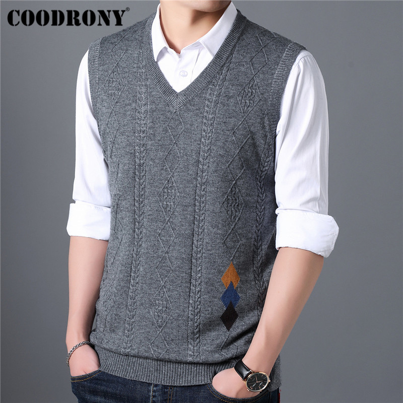 COODRONY Sweater Men V-Neck Sleeveless Vest Pull Homme Knitted Cashmere Wool Mens Sweaters Autumn Winter pullover men 91018 201224