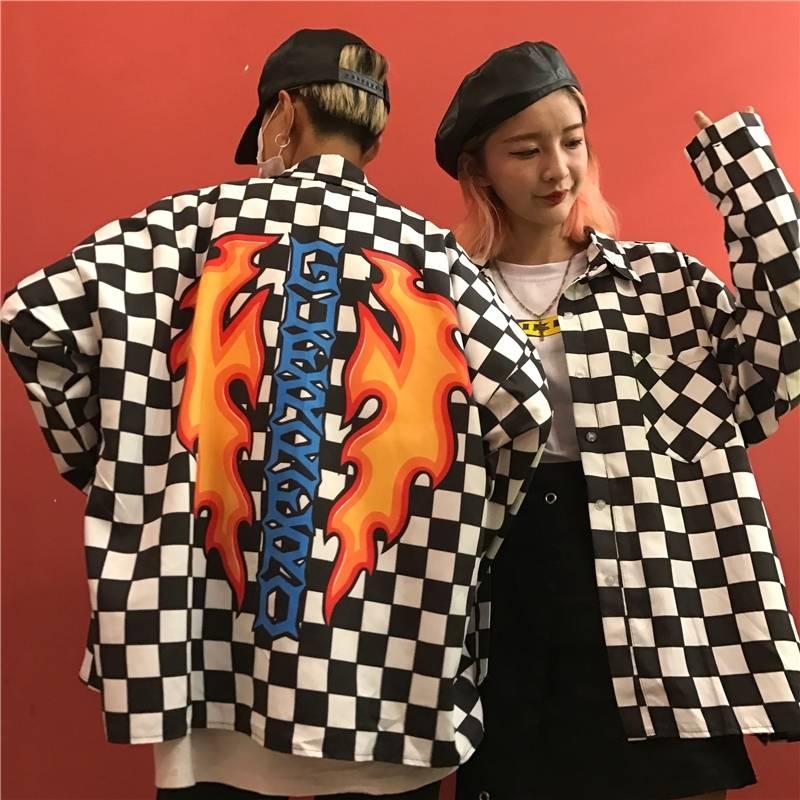 Blouse women Couple coat Hip hop street Black and white grid plus size loose Flame letter print female male long sleeve shirt, Multi
Blouse women Couple coat Hip hop street Black and white grid plus size loose Flame letter print female male long sleeve shirt, Multi