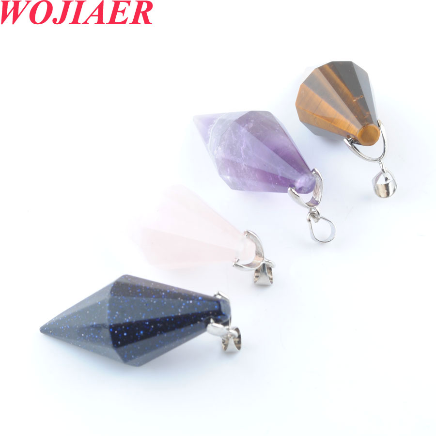 WOJIAER Unique Symmetry Pendant Necklace Cone Natural Healing Crystal Multi Faceted Pyramid Reiki Chakra Amulet Jewelry DBO916