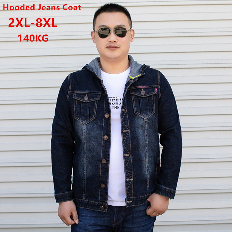 Denim Jacket Men Bomber Jeans Hoody Plus Size 4XL 5XL 6XL 7XL 8XL Hoodie Oversize Coats Mens Jean Dark Blue Hooded Men's Jackets 201127