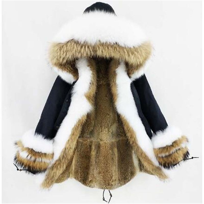 New Women Real Coat Winter Jacket Rabbit liner Thick Warm Natural Raccoon Fox fur Collar Hood Cuffs Long Parka 201112