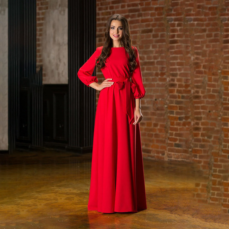 Elegant Women Dress Autumn Casual Loose Plus Size Dresses High Waist Crew Neck Solid Long Sleeve Bow Dress for Office Lady T200416