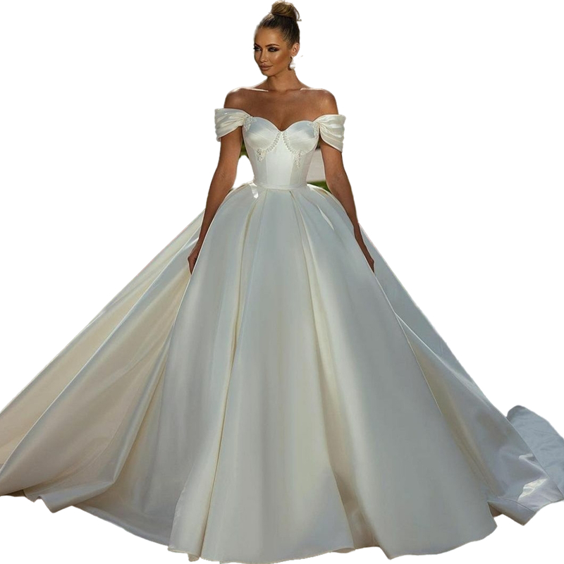 Princess Korean Style Satin Ball Gown Wedding Dresses Crystals Beaded Off Shoulder Long Bridal Gowns Back Lace-Up Simple Graden Bride Dress Vestidos d