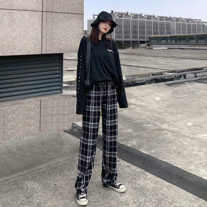 HOUZHOU Korean Style Wide Leg Pants Women Thin Summer Plaid Pants Plus Size Women Trousers Oversized Checkered Pants High Waist 201109