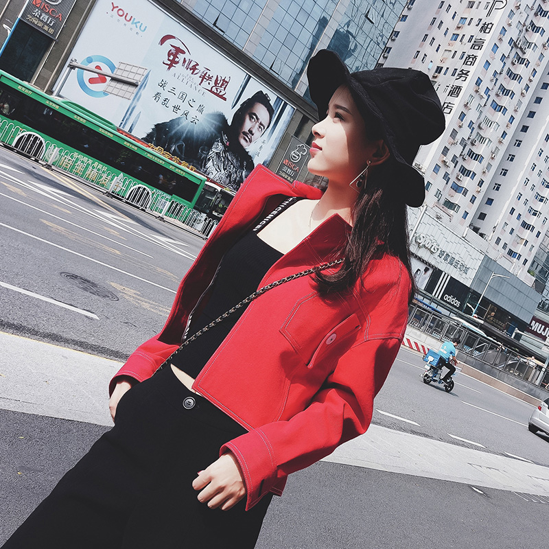 Mishow 2019 Spring And Autumn Women Denim Jacket Vintage Cropped Short Denim Coat LongSleeve Slim Red Jeans tops T200319