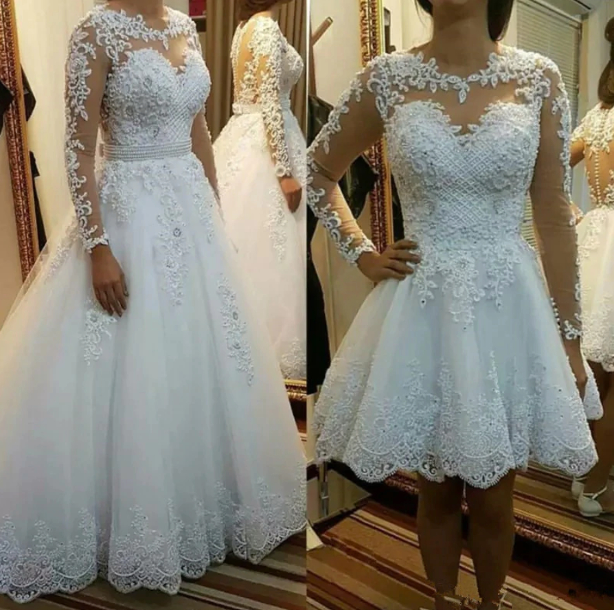 Elegant Pearls Beaded Princess Wedding Dress With Detachable Skirt 2 Piece A Line Appliqued Bride Robe De Mariee Bow Back Illusion Long Sleeve Lace Wh