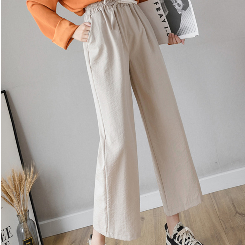 Casual Cotton Linen Pants Women Spring High Waist Wide Leg Pants Summer Office Band Palazzo Trousers Female Black Loose Pants 201031