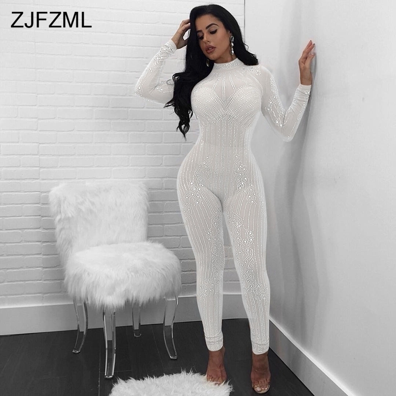 ZJFZML Mesh Patchwork Sexy Skinny Jumpsuit Shiny Rhinestone Black Full Sleeve Romper Elegant O-Neck Perspective Casual Overall T200107