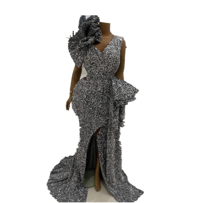 robe de soirée femme Plus Size Evening Dresses For Women Party Sequin Aso Ebi Split Mermaid Prom Gowns Sweep Train