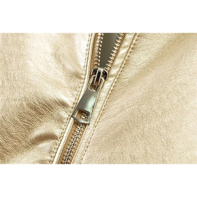 Spring Cool Fashion Gold PU Leather Jacket Female Bomber Coat Stand Collar Striped Patchwork Silver Women's Jackets Streetwear 201109