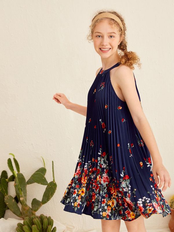 Teen Girls Floral Print Pleated Halter Dress SHE