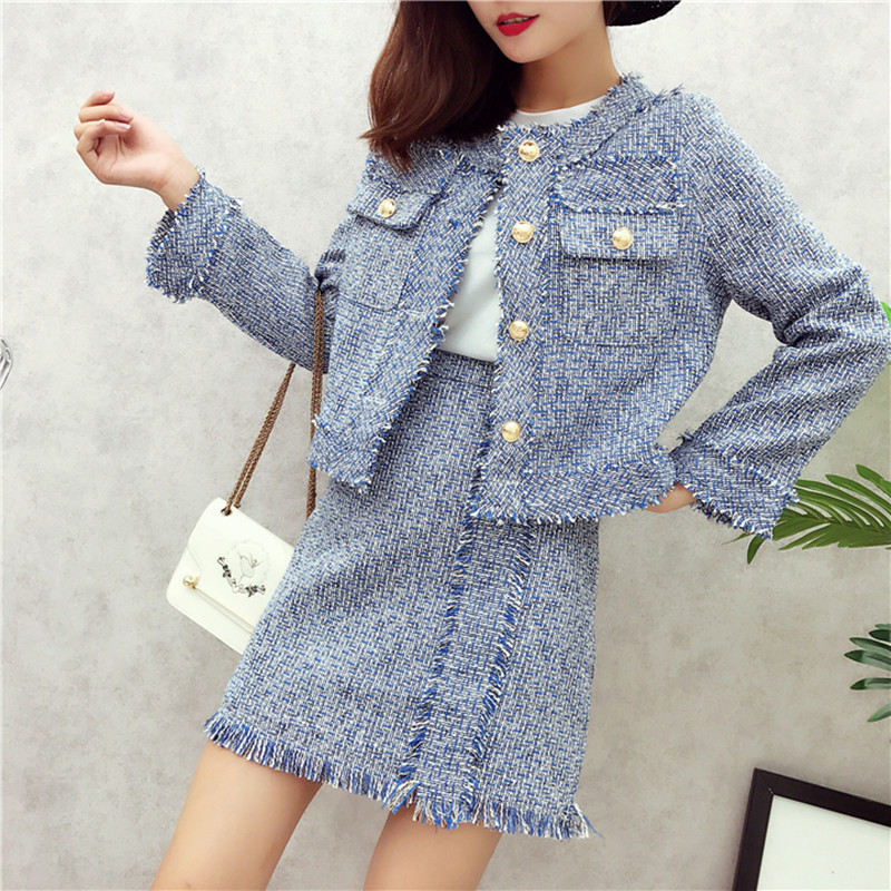 Autumn Winter Runway Tweed Suit Set Womens Single Breasted Short Jacket Coat High Waist Tassels Bodycon Mini Skirt Suit 201102